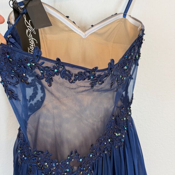 La Femme Formal Gown Cocktail Dress Blue Lace Hi Low Mesh Y2K Back Strapless 6 - Picture 9 of 15